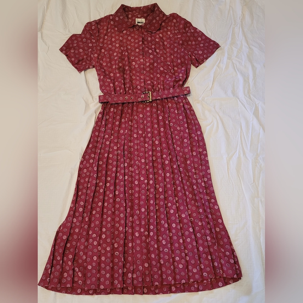 Vintage 80s Belted Shirt Dress Pleated Scalloped Collar Button Up Leslie Fay 14